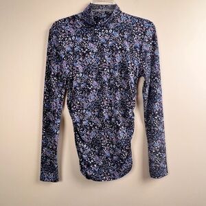 J.Crew Long Sleeve High Neck Shirt Ruched Sides Womens Medium Blue Floral Active